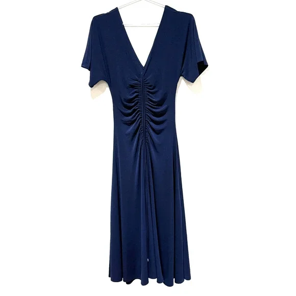 White House Black Market Size S Navy Ruched Cinched Tie Midi Pullover WMN Dress - Picture 2 of 8